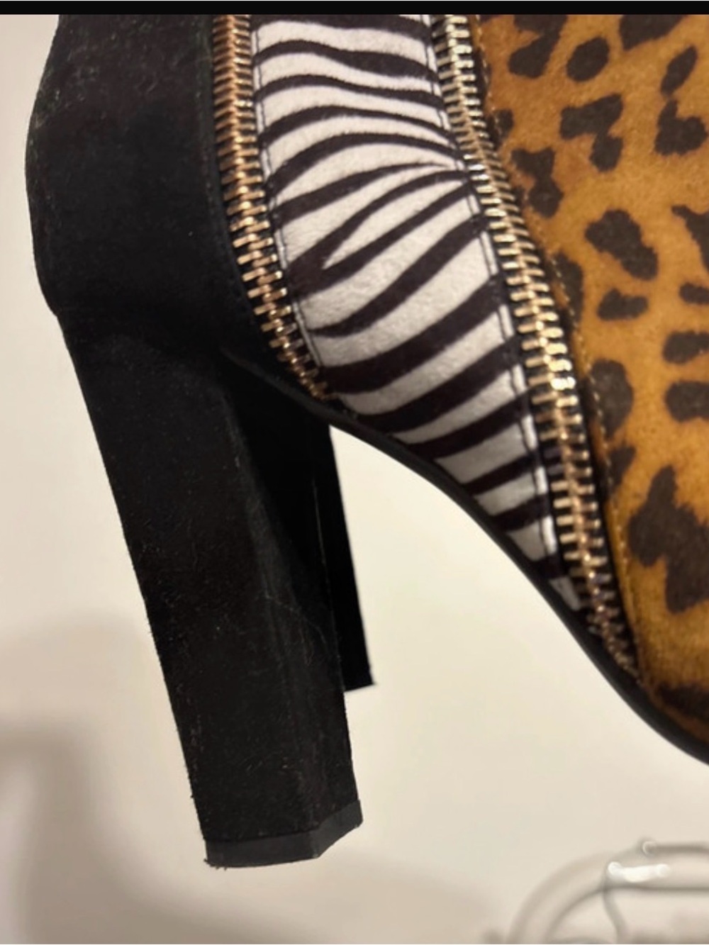 Shoe Dazzle Black, White & Brown Animal Print High Heel Bootie